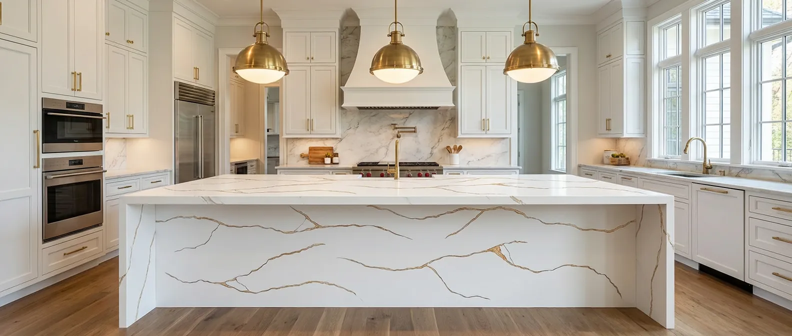 نمای باز از یک آشپزخانه لوکس با جزیره بزرگ اجرا شده با سنگ Stream White-Gold که رگههای طلایی آن زیر نور لوستر میدرخشند.