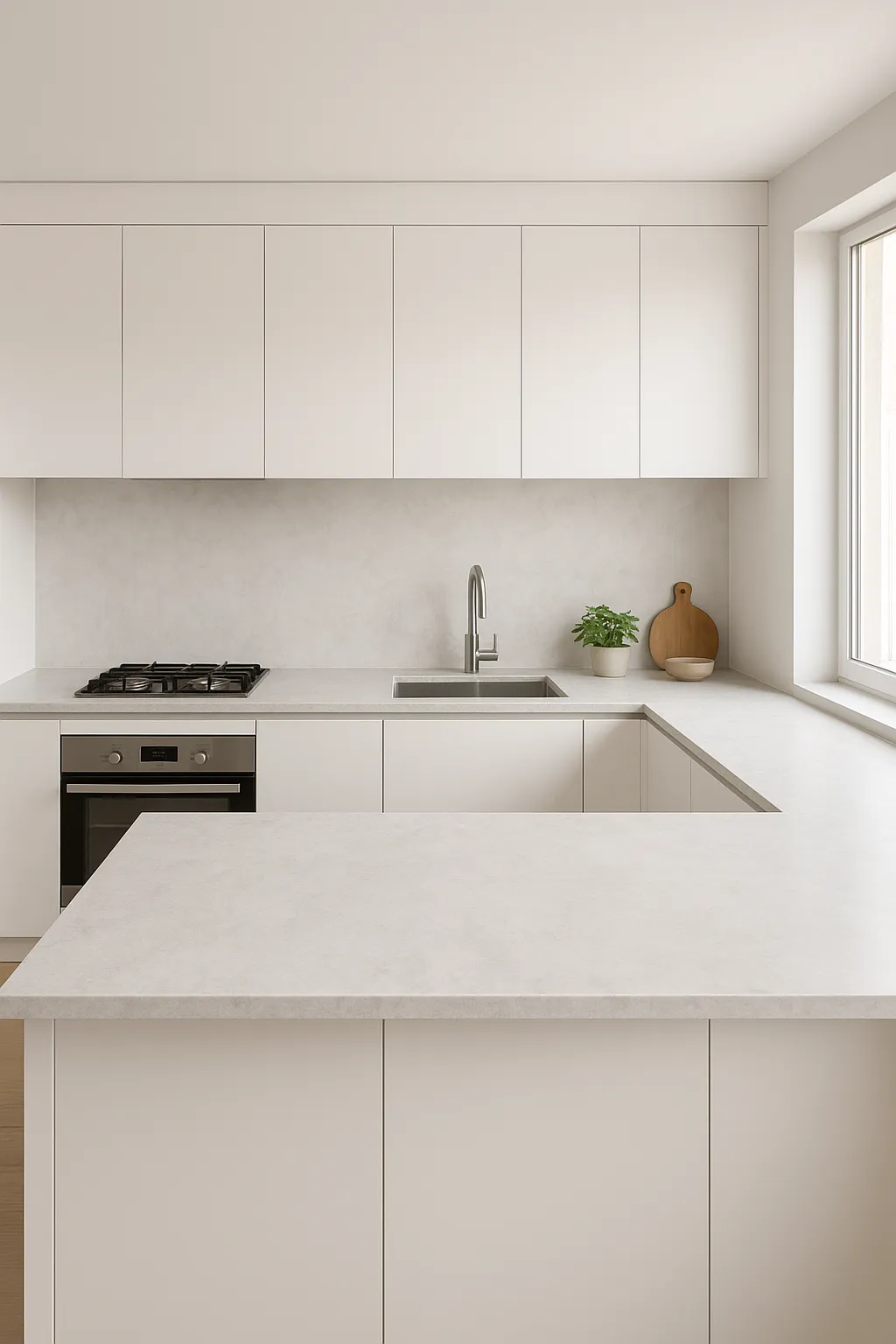 آشپزخانه مدرن ایرانی با صفحه کورین طوسی روشن طرح سفید Pluton MN603