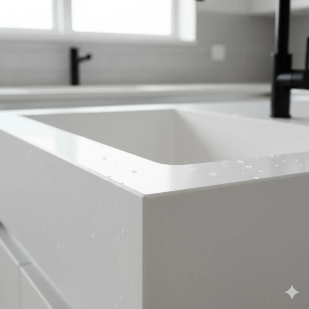 نمای نزدیک گوشهای از صفحه کابینت کورین که سینک نیز به صورت یکپارچه در آن نصب شده است و هیچ درزی در محل اتصال دیده نمیشود.