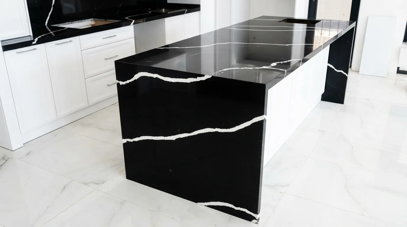 اجرای صفحه کابینت و جزیره کوارتز توتم ۹۶۱۴ | پروژه ازگل (مهندس روشن پژوه)