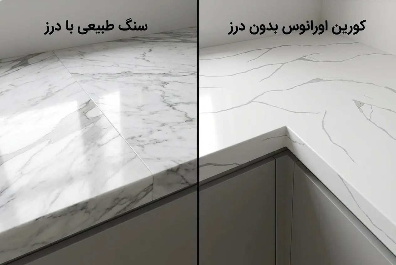 تصویری که در آن یک سمت سنگ اسلب طبیعی مرمر و سمت دیگر سنگ کورین اورانوس سری Mountain قرار دارد تا شباهت فوقالعاده آنها و در عین حال یکپارچگی کورین نشان داده شود.