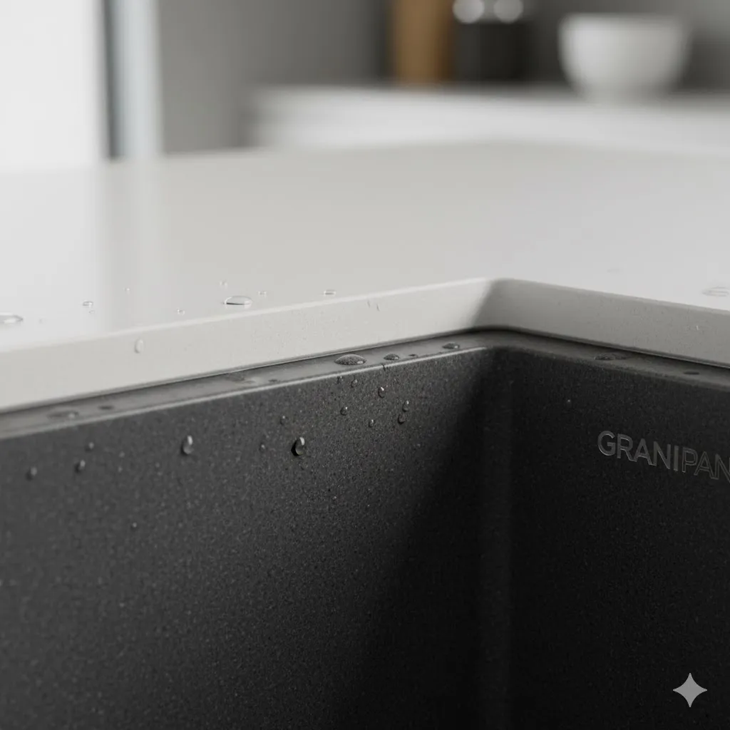 نمای نزدیک یک سینک گرانیتی زیرکار نصب شده در صفحه کابینت