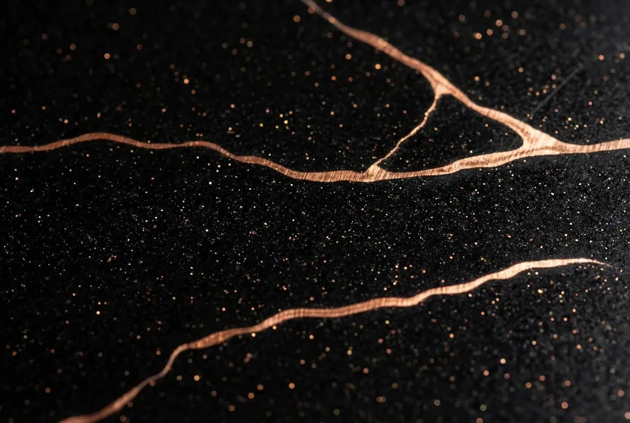 نمای باز از یک آشپزخانه لوکس با جزیره بزرگ اجرا شده با سنگ Stream White-Gold که رگههای طلایی آن زیر نور لوستر میدرخشند.