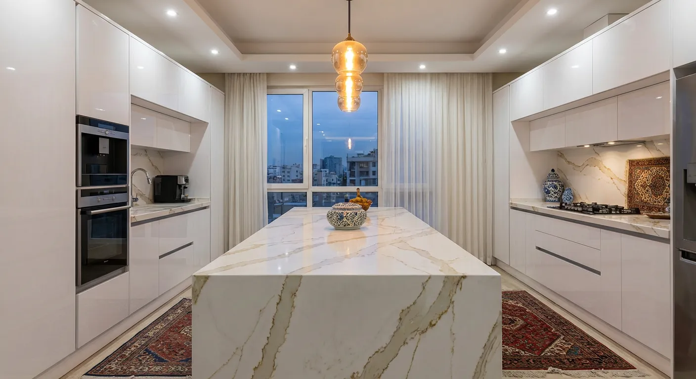 نمونه کار اجرا شده با سنگ کورین اورانوس در یک آشپزخانه مدرن ایرانی